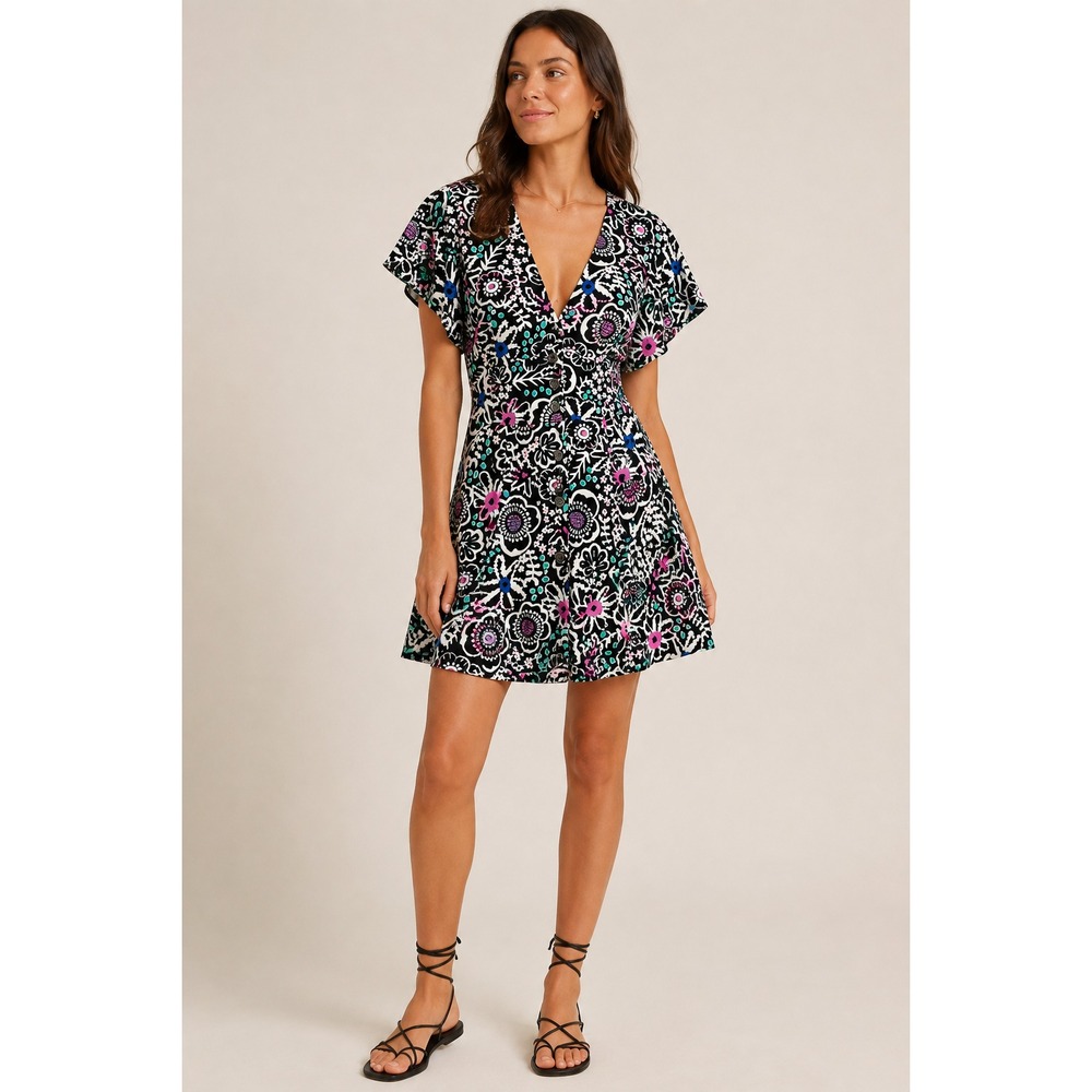 Marine Layer Dress Camila Mini V Neck Short Sleeve Black Floral Hemp Blend S